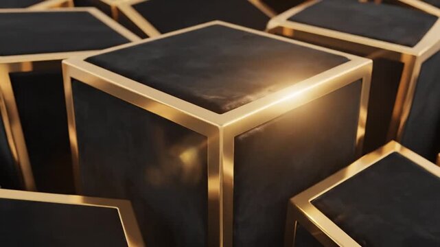 Close-up view of multiple black cubes with gold metallic frames arranged in a pattern with a shiny reflective surface and dark background.