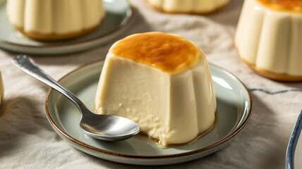 A close-up of a creamy flan dessert with a caramelized top, served on a small plate with a spoon.