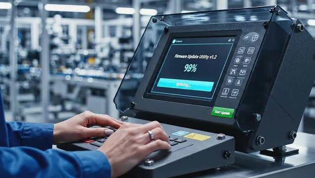 Operator Using CNC Machine Control Panel in Factory.