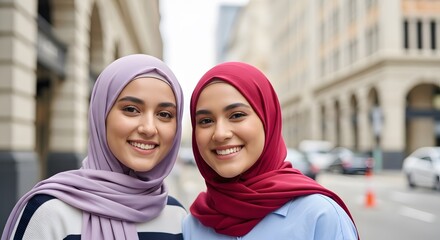 Two smiling young women wearing colorful hijabs on city street