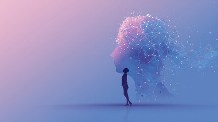 Abstract illustration of artificial intelligence collaborating with humans, soft glowing nodes and connecting lines forming a brain shape, human silhouette integrated with digital elements.