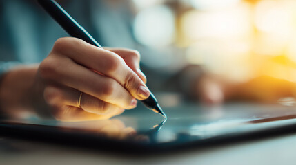 Close-up of hands using digital pen on tablet, creative design process, soft lighting, shallow depth of field, Adobe Stock photography style, clean and professional look.