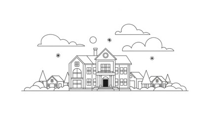 Naklejka premium Large house with smaller homes in a suburban neighborhood on a sunny day with clouds and stars