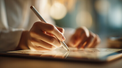 Close-up of hands using digital pen on tablet, creative design process, soft lighting, shallow depth of field, Adobe Stock photography style, clean and professional look.