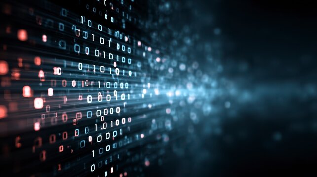 A visually striking depiction of a binary code sequence, featuring glowing blue and red digits against a dark backdrop. The lights add dynamism - Powered by Adobe