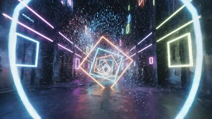 Immersive futuristic tunnel with vibrant neon light frames and glowing geometric shapes creating a dynamic abstract cyber space journey through a digital portal. - Powered by Adobe