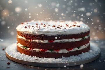 A round cake covered in white icing resembling snowdrifts, with miniature gingerbread houses, candy canes, and frosted trees forming a cozy snowy village scene.