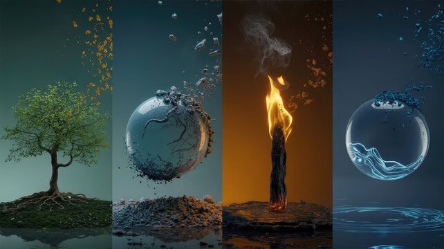 Stunning visual representation of the four classical elements earth air fire and water in abstract forms
