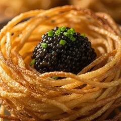 Golden Fried Potato Nest With Black Caviar And Chopped Chives A Luxurious Appetizer With Rich Texture And Elegant Presentation
