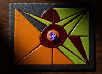 Abstract Geometric Dessert Plating with Orange Green and Purple Purees and a Single Edible Flower Garnish on Dark Slate