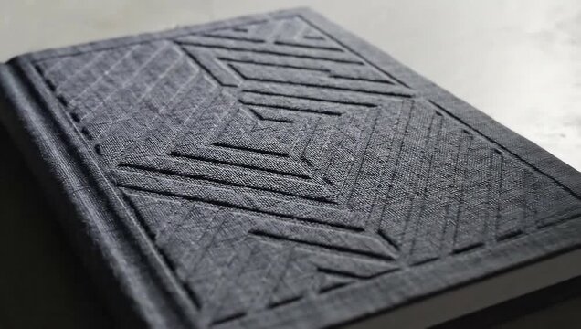 Elegant Black Journal with Geometric Pattern on Concrete Surface.