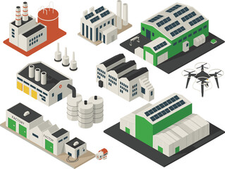 Isometric green industrial factory buildings with solar panels renewable energy power plants sustainable manufacturing illustration isolated
