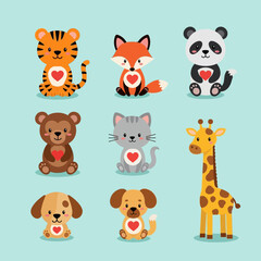 Obraz premium Collection of Adorable Cartoon Animals with Heart Emblems.