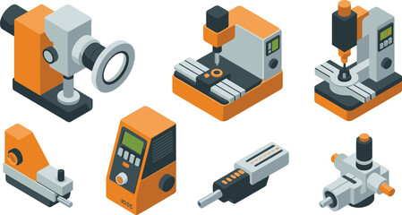Obraz premium Isometric industrial machinery and precision measuring equipment set with CNC machine microscope digital tools manufacturing technology illustration isolated