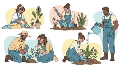 Illustration of Young Adults Gardening