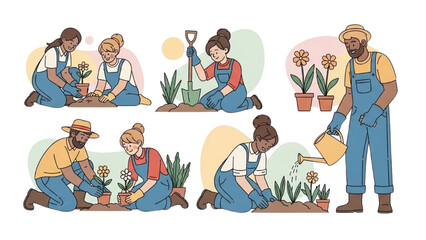 Illustration of Young Adults Gardening