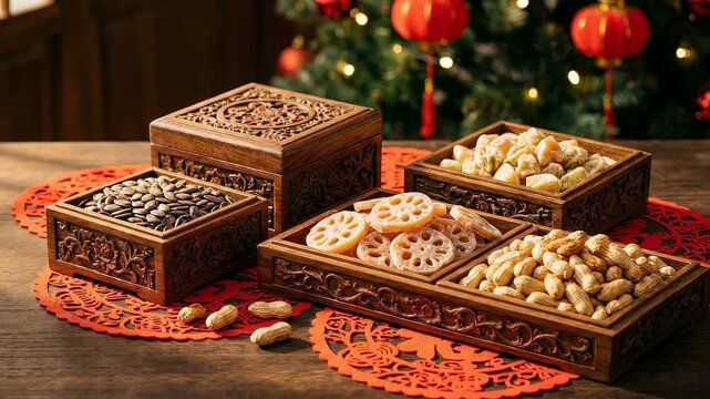 Chinese New Year snack box with lotus root slices, pumpkin seeds, and peanuts on a festive table with lanterns and a blurred tree.