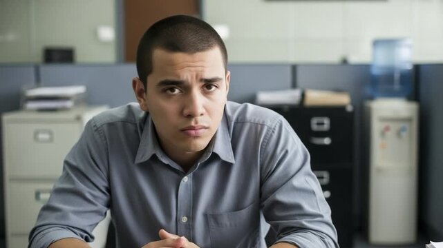 Young Male Professional Looking Concerned in Office Setting