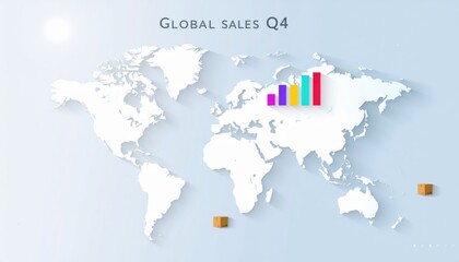 Global Sales Q4: World Map with Bar Chart and Shipping Boxes