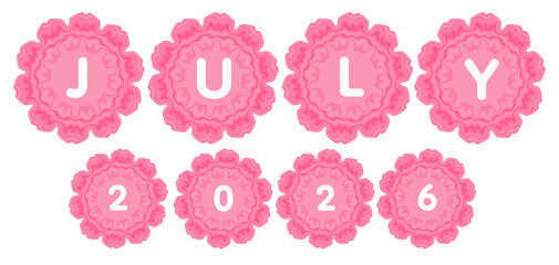 A pastel pink floral badge inspired by sakura petals featuring July 2026. Ideal for calendars, planners, summer decorations, and soft feminine designs.