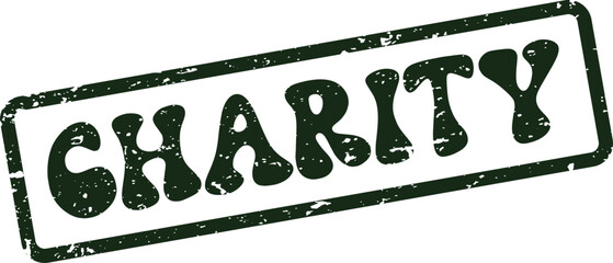 A textured green rubber stamp displaying the impactful word CHARITY for philanthropic initiatives