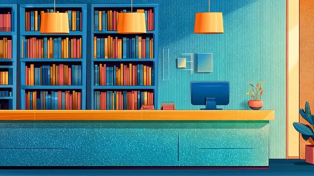 Illustration of a serene library interior with bookshelves and warm lighting ambiance
