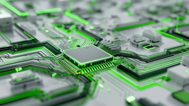 Green circuit board close up with microchip glowing lines electronic hardware digital technology futuristic design eco friendly innovation glowing components on electronic board