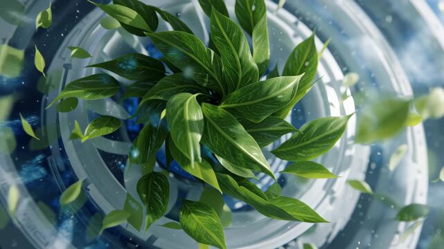 Green leaf spiral cluster radial motion with futuristic circular technology background symbolizing eco innovation sustainable system dynamic energy flow fresh nature concept floating leaves blue
