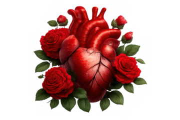 Anatomical heart merging with red roses, symbolizing passionate love, romance, and emotion with a surreal aesthetic