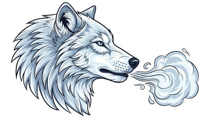 Illustration of a wolf's head with icy breath on a white background, showcasing blue and white fur with detailed whiskers.