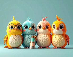 four cute cartoon birds with different colors standing next to each other