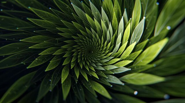 Green spiral leaf pattern with water droplets forming organic radial motion and vibrant eco design inspired by nature�s growth energy and mesmerizing natural texture