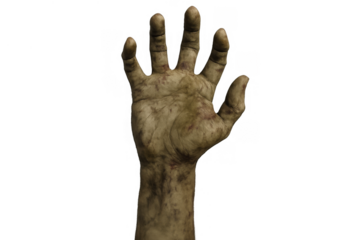 Undead zombie hand reaching up from grave horror concept, scary monster limb on transparent background for halloween
