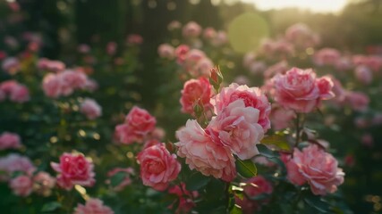 A profusion of delicate, light pink roses in a garden setting, bathed in warm sunlight