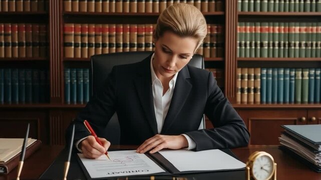 Professional Female Lawyer in Office Signing Legal Documents in Elegant Library Setting