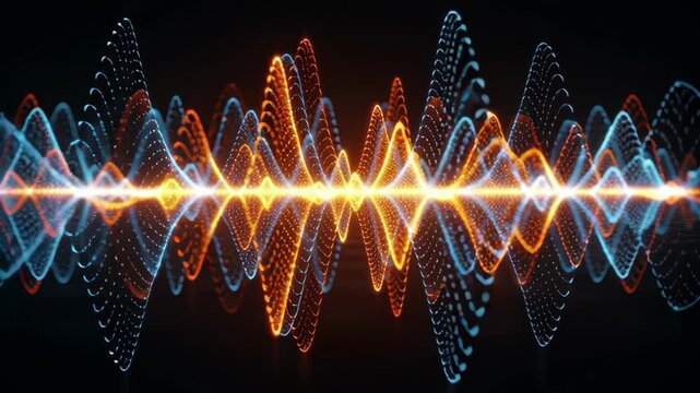 Digital sound wave audio frequency visualization with glowing orange and blue light patterns forming symmetrical design and dynamic display on abstract background energy wave