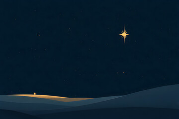 A nativity scene concept with a bright glowing star in a dark sky, subtle Bethlehem landscape silhouette