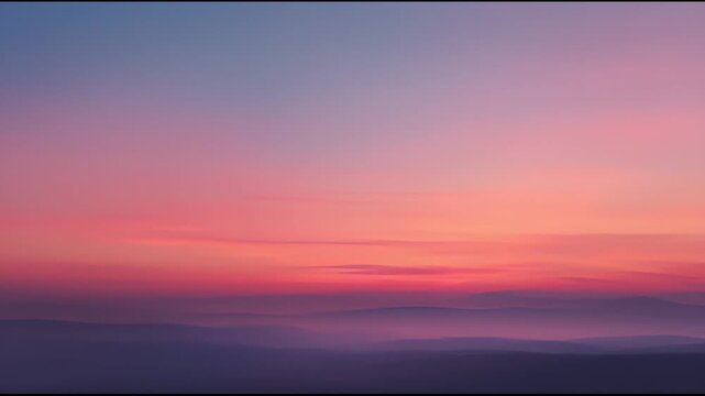 Serene twilight sky displaying a harmonious gradient from warm oranges and delicate pinks to soft, calming purple hues above the horizon