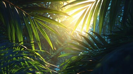 Sunlight filtering through lush green foliage in a tropical rainforest.