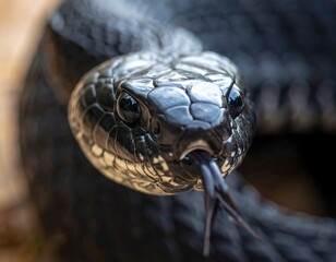 Fototapeta premium Glossy black snake close up headshot with forked tongue flicking out