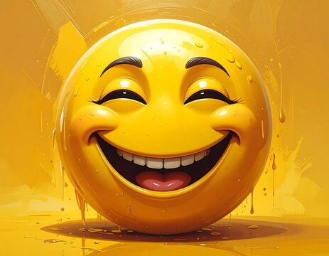 Gleaming yellow emoji with closed eyes, beaming smile, on golden, dripping background