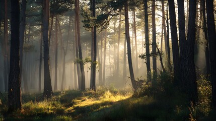 Obraz premium Sunlight filtering through trees in a misty forest landscape.