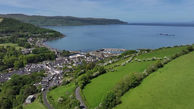 Aerial view of Glenarm Village on the Irish Sea in Co Antrim Northern Ireland 