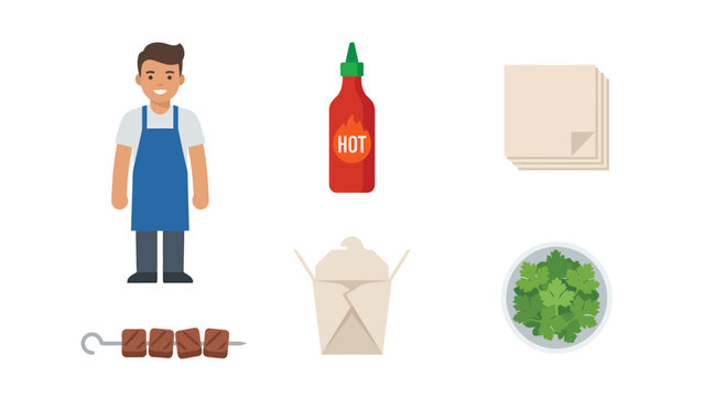 Happy Chef with Asian Food Takeout Skewer Hot Sauce and Napkins Vector Illustration Icons