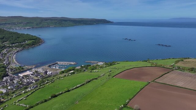 Aerial view of Glenarm Village on the Irish Sea in Co Antrim Northern Ireland 