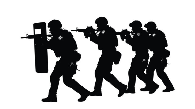 Silhouette of four tactical police officers advancing in formation with one carrying a ballistic shield
