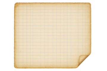 Vintage graph paper sheet with curled corner and aged texture, offering copy space on transparent background