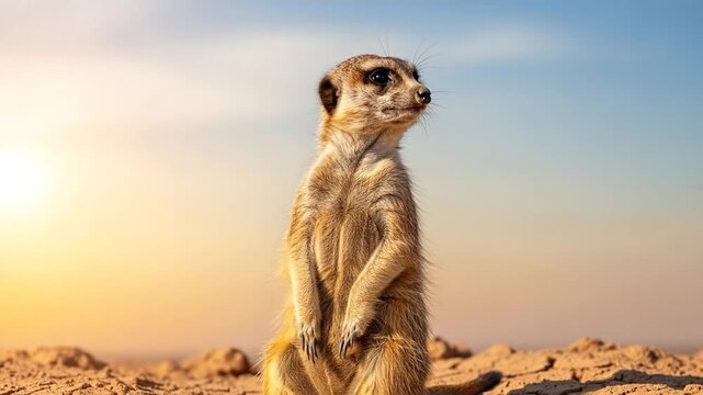 Alert meerkat stands sentinel on cracked earth against warm sky.