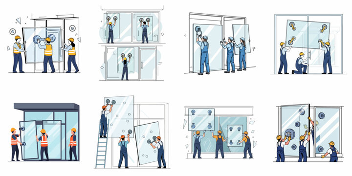 Glaziers and workers installing large glass windows and doors in commercial buildings, using suction cups and safety equipment.