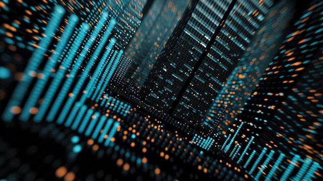 Digital city glowing blue orange data points abstract futuristic urban technology dynamic visualization capital flow energy finance markets innovation